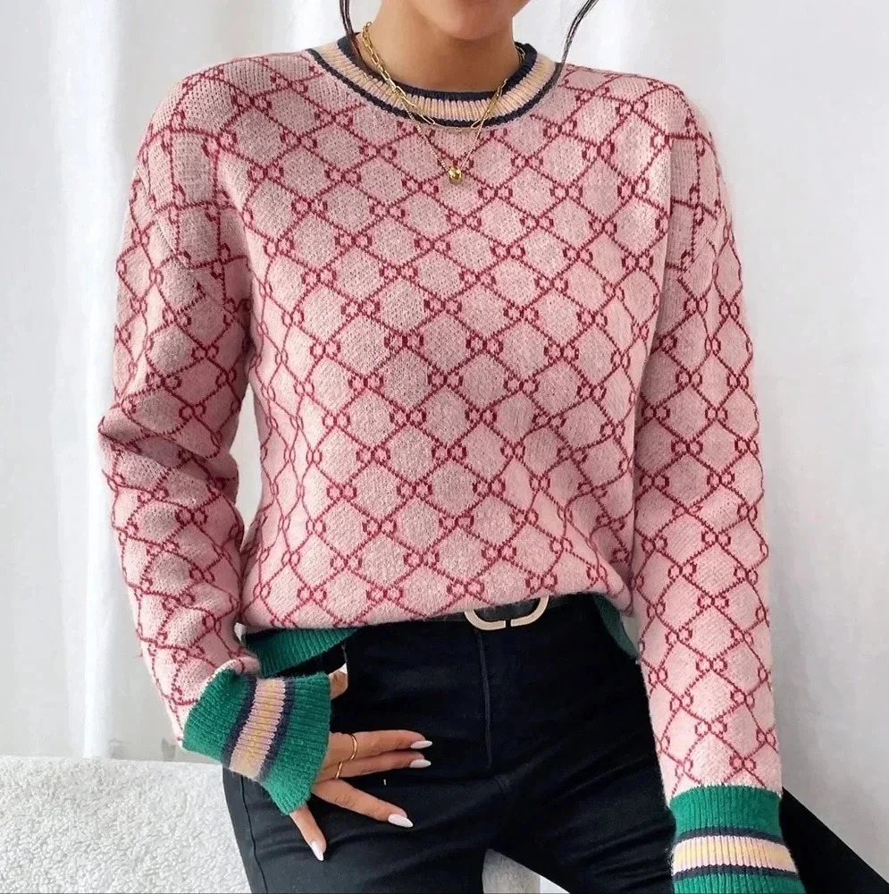 Allover Print Colorblock Crew Neck Long Sleeve Sweater - Picture 3 of 6